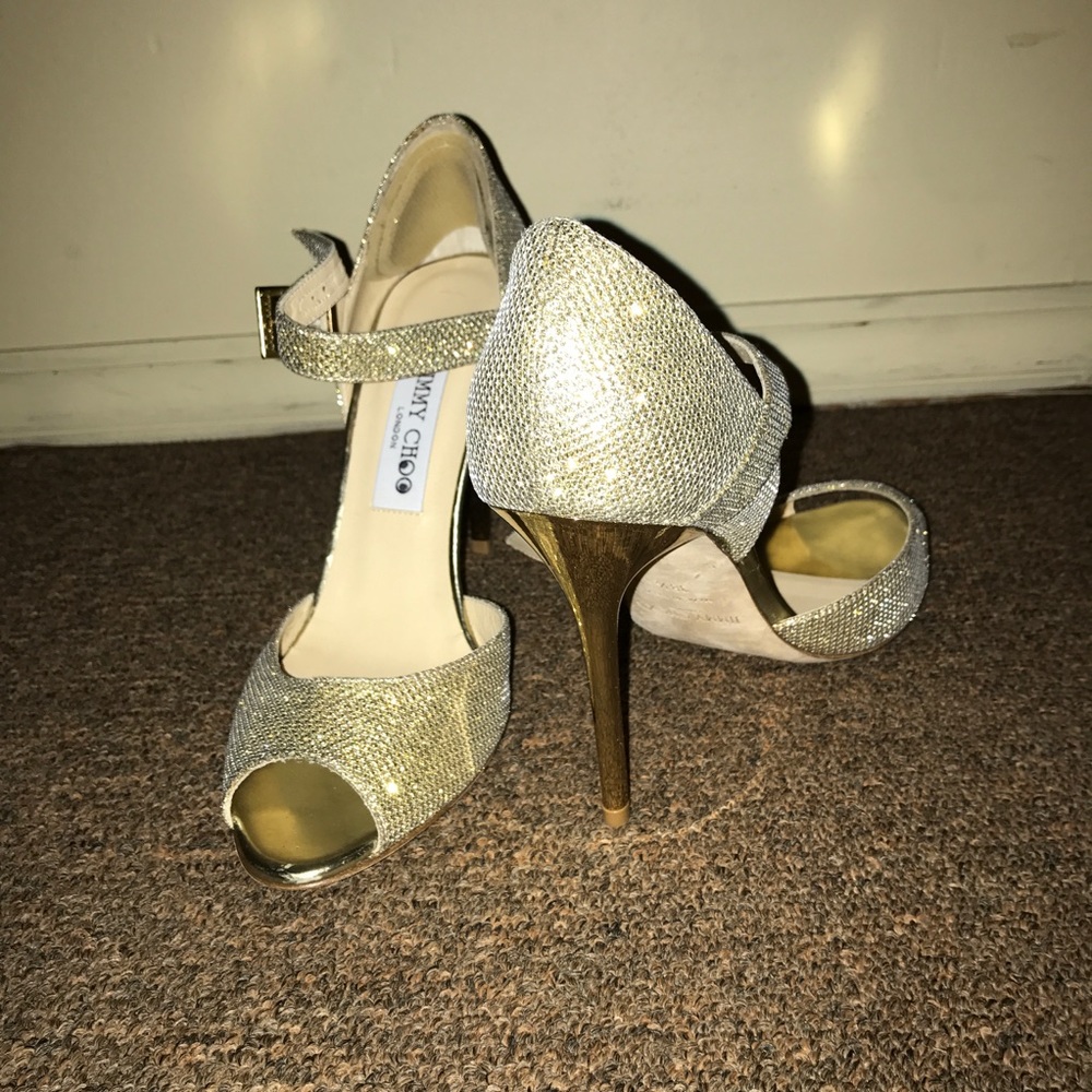 NWT Jimmy Choo gold glitter open toe heels - Picture 4 of 10
